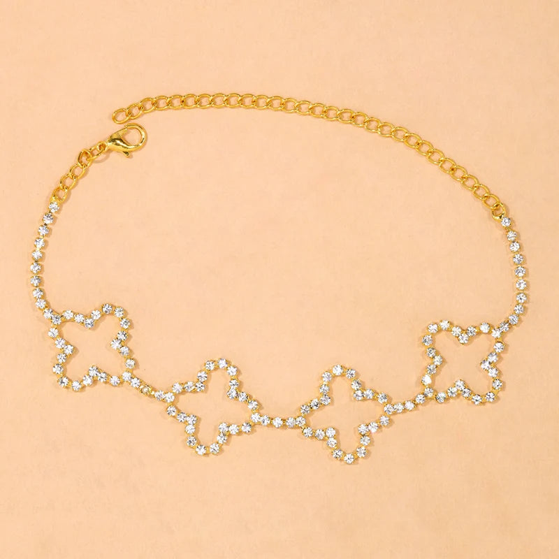Boho Flower Rhinestone Anklet Bracelet Hollow Out Crystal Foot Chain Jewelry