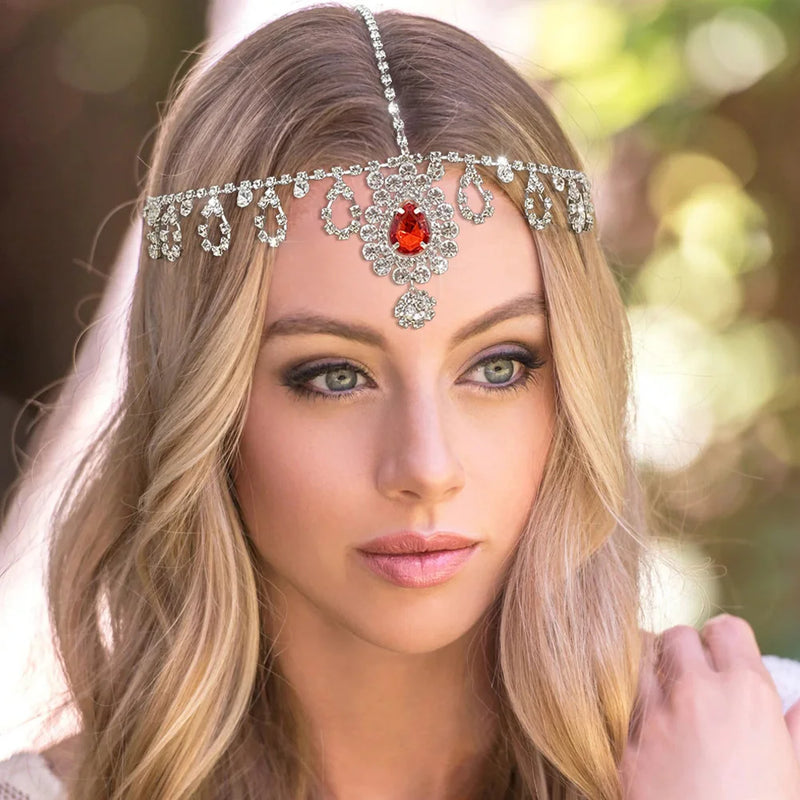 Stonefans Red Water Drop Crystal Forehead Head Chain Headband