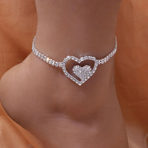 Stonefans Boho Rhinestone Double Heart Anklet Foot Accessories