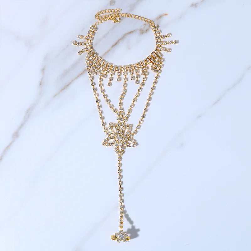 Stonefans Boho Flower Rhinestone Toe Ring Anklet Bracelet