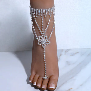 Stonefans Boho Flower Rhinestone Toe Ring Anklet Bracelet