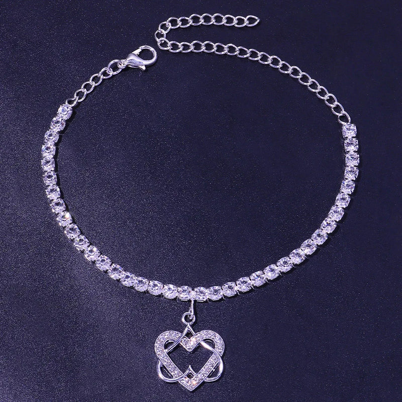 Stonefans Rhinestone Double Heart Anklet Bracelet Beach Accessories