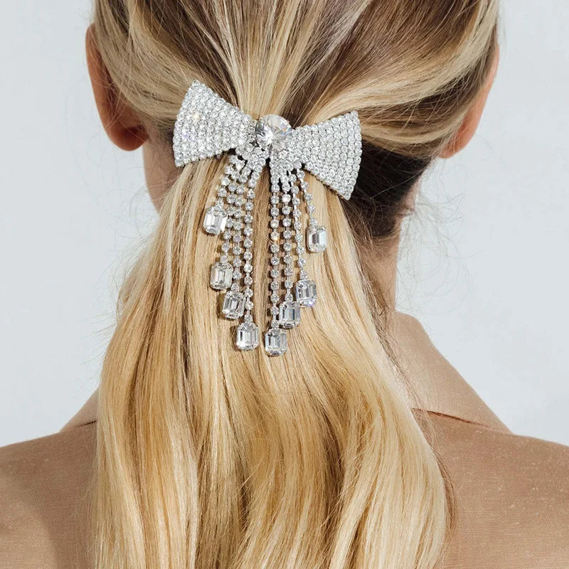Stonefans Rhinestone Bow Tassel Hair Clip for Women