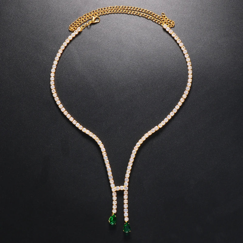 Stonefans CZ Zircon Long Choker Necklace Vintage Green Water Drop Bridal