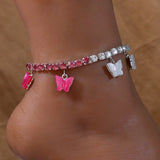 Stonefans Pink Butterfly Rhinestone Anklet Bracelet Women Beach Foot Jewelry