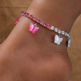 Stonefans Pink Butterfly Rhinestone Anklet Bracelet Women Beach Foot Jewelry