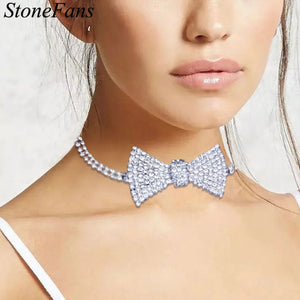 Crystal Bow Tie Necklace Choker Collar Chain Iced Out Rhinestone Tennis Chain