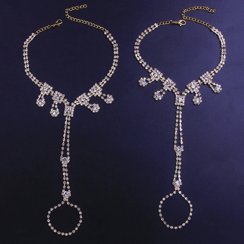 Stonefans 2pcs Rhinestone Tennis Toe Anklet Set Women Beach Foot Bracelet