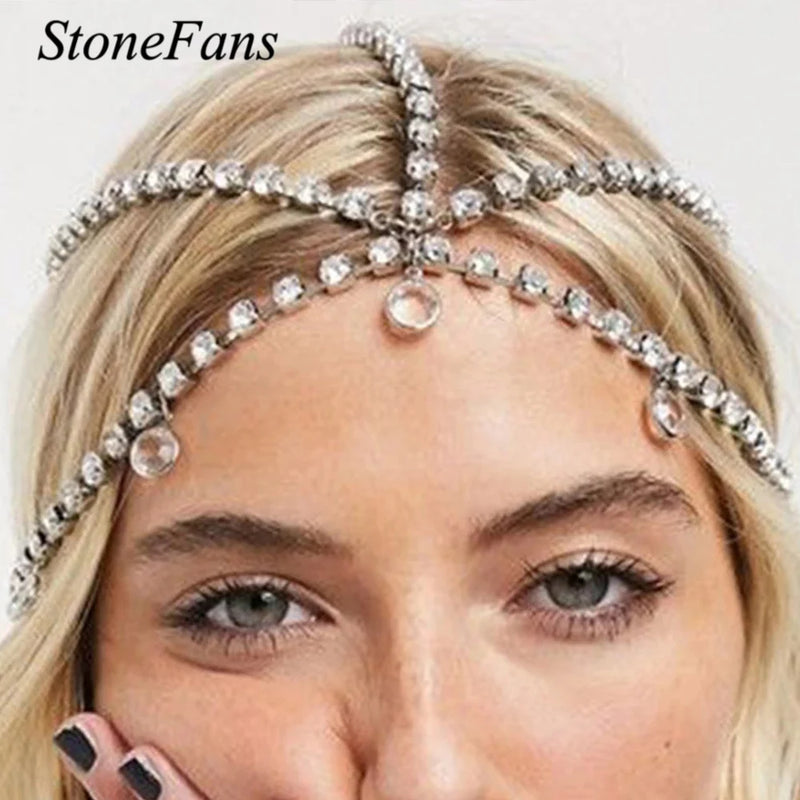 Stonefans Boho Pendant Head Chain Crystal Bride Tiara Jewelry