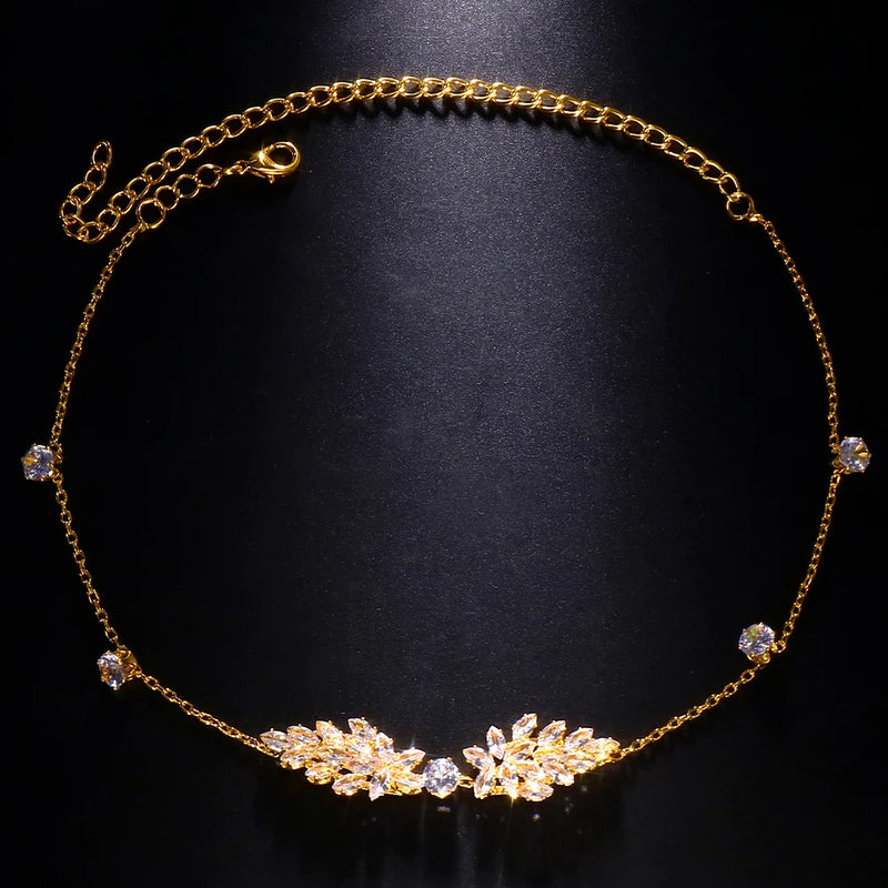 Stonefans Leaf Zircon Forehead Chain Headpiece Wedding Accessories