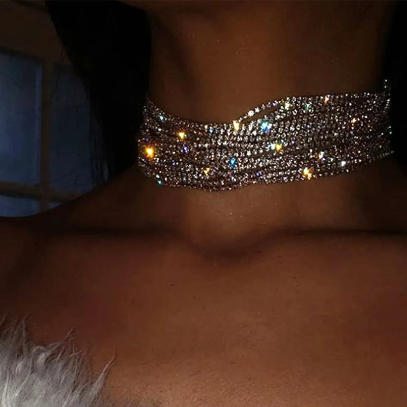 Stonefans Rhinestone Choker Necklace Multilayer Bling Collar Chain