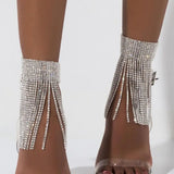 Stonefans Silver Rhinestone Tassel Anklet for Women