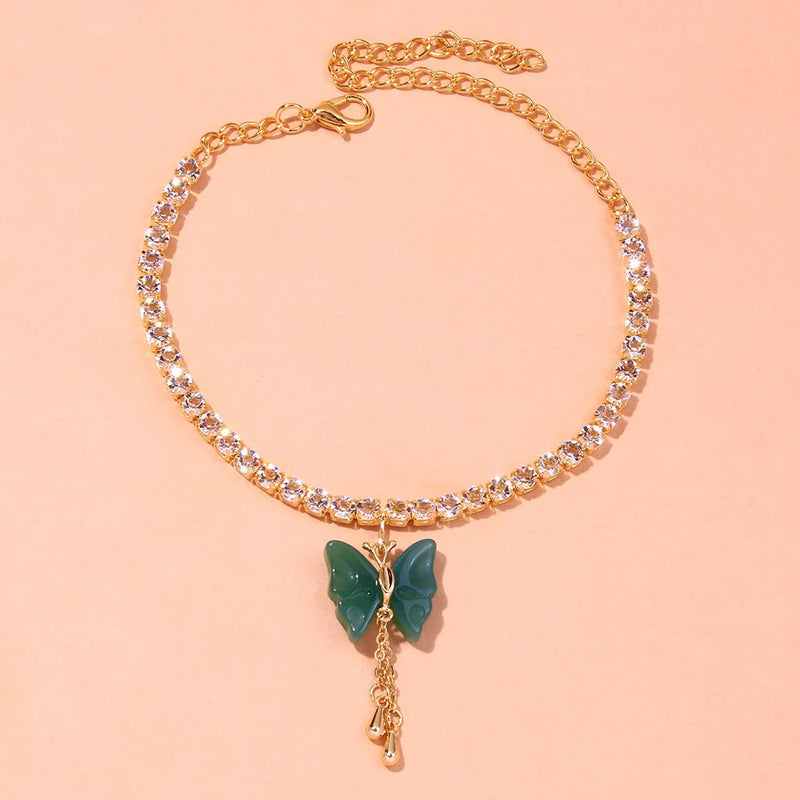 Stonefans INS Butterfly Pendant Anklet Rhinestone Tennis Chain