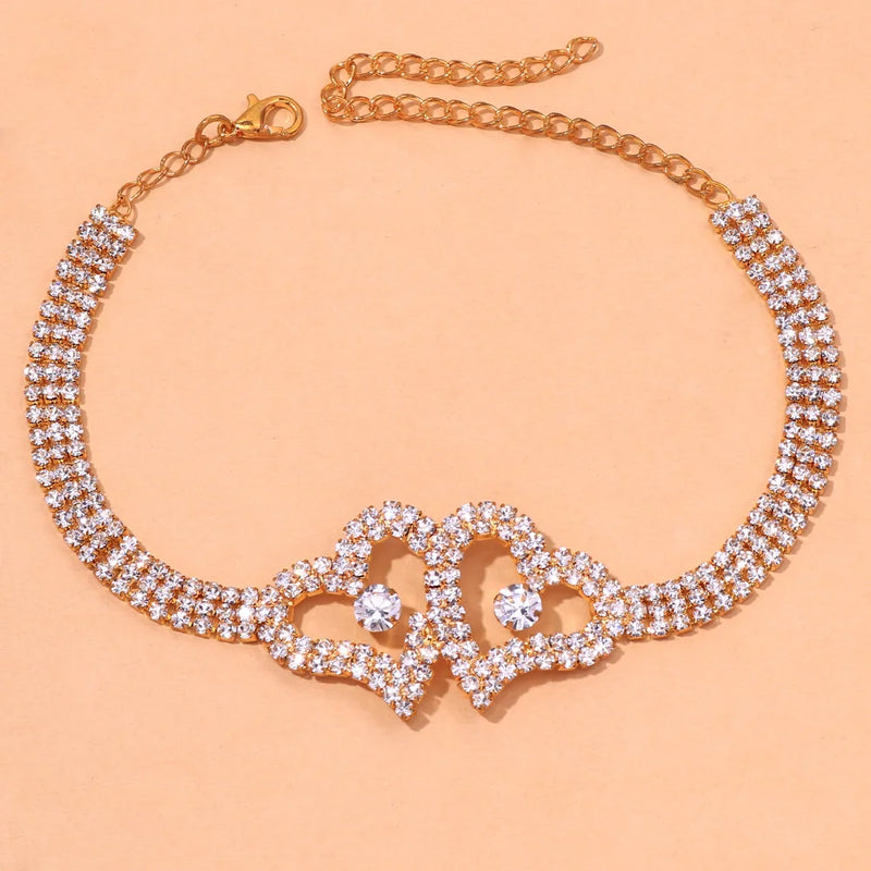 Stonefans Rhinestone Double Heart Anklet Crystal Tennis Chain Bracelet