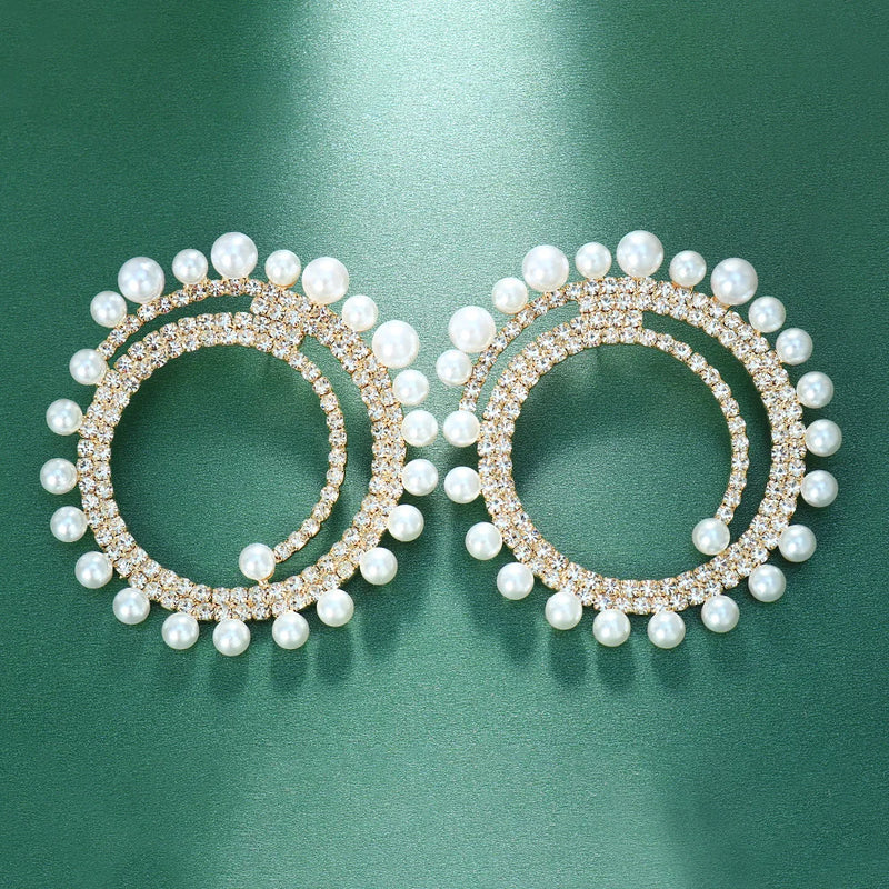 Stonefans Pearl Hoop Earrings Crystal Circle Pendant Women