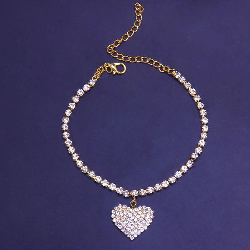Stonefans Rhinestone Chain Heart Charm Anklet for Women
