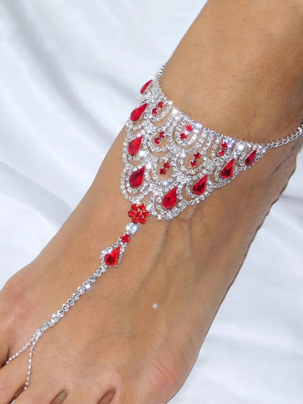 Stonefans Red Crystal Anklet Rhinestone Foot Chain Women Boho Toe Sandal Jewelry
