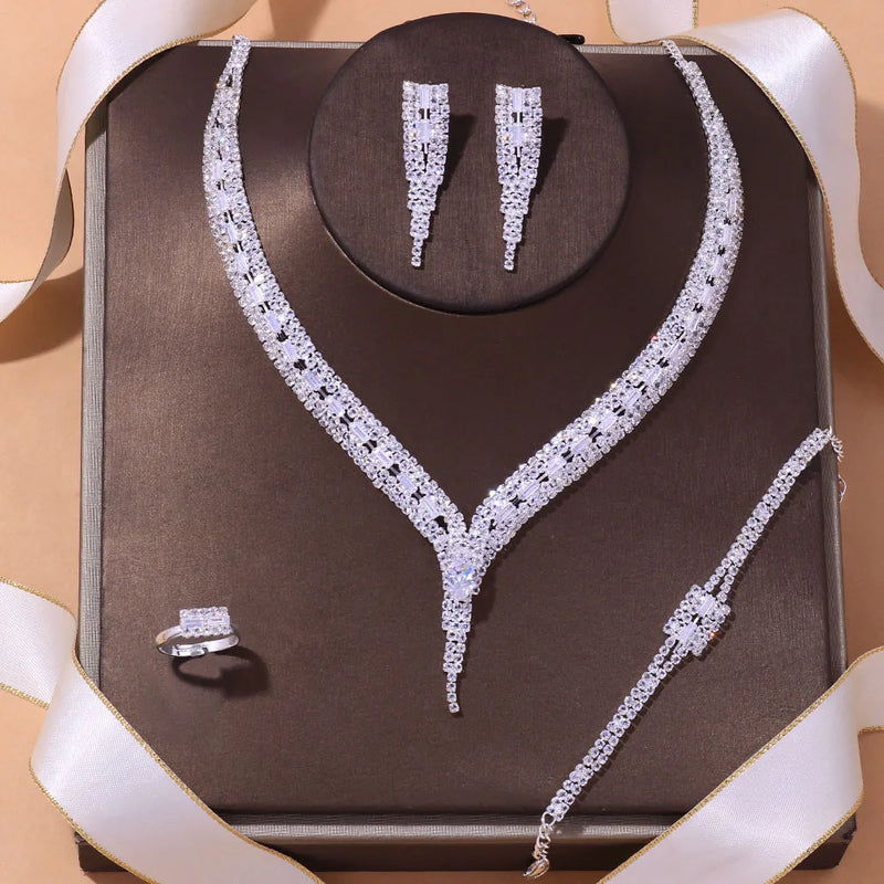 Stonefans Silver Geometric Rhinestone Bridal Jewelry Set