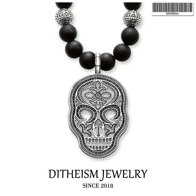 Skull Pendant Cross Beads Necklace 925 Silver Cross Punk Gift