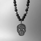 Skull Pendant Cross Beads Necklace 925 Silver Cross Punk Gift