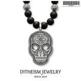 Skull Pendant Cross Beads Necklace 925 Silver Cross Punk Gift
