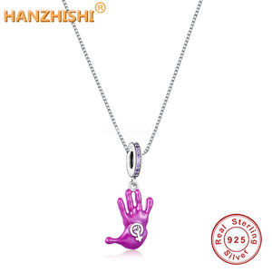 925 Sterling Silver Purple Enamel Hand Necklace Vintage Fine Jewellery