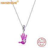925 Sterling Silver Purple Enamel Hand Necklace Vintage Fine Jewellery