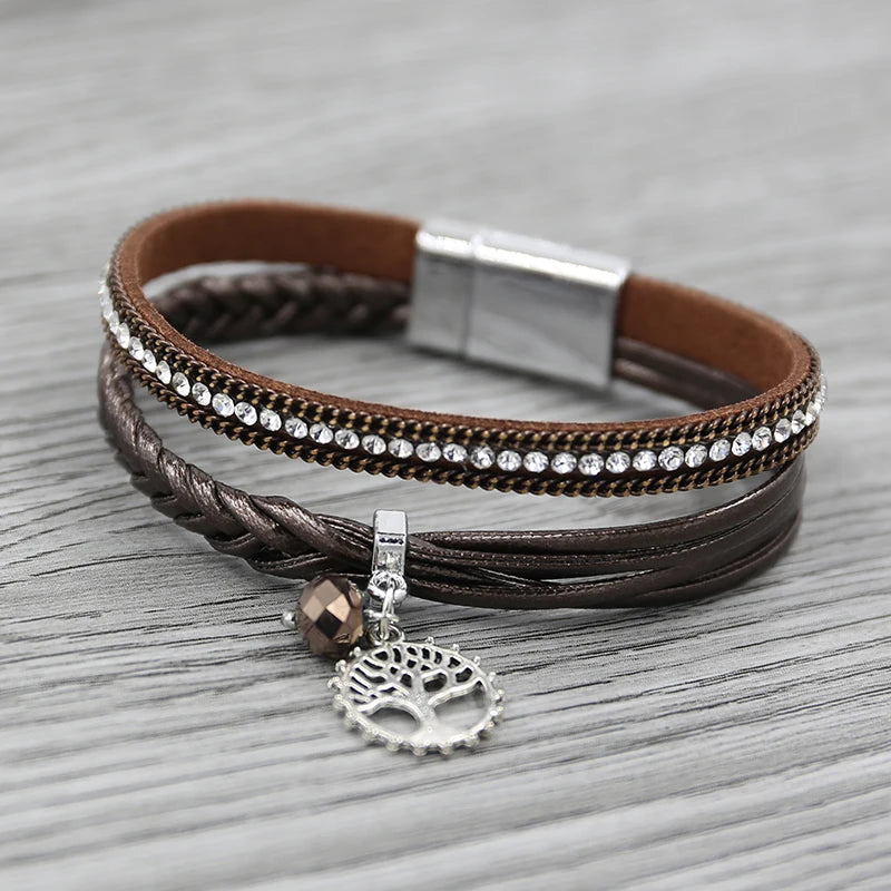 Vintage Wide Leather Braided Bracelet Leopard Print Bangle