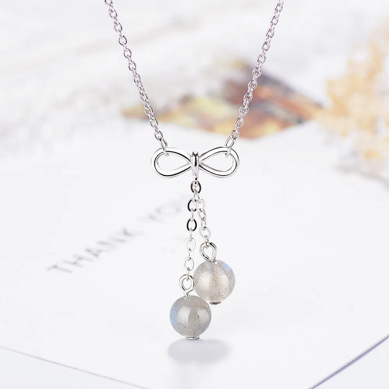 Strawberry Crystal Moonstone Beads Tassel Necklace 925 Sterling Silver Chain