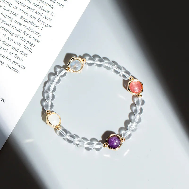 Strawberry Crystal Moonstone Women's Bracelet Amethyst Peach Blossom BFF Gift