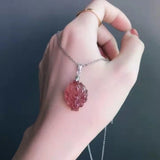 Strawberry Crystal Fox Pendant Necklace Jade Carved Charm Jewelry
