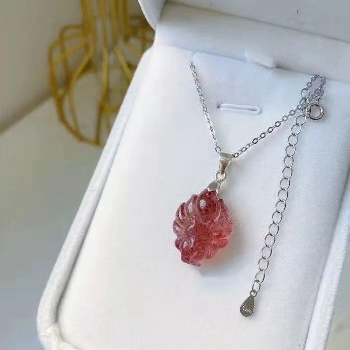Strawberry Crystal Fox Pendant Necklace Jade Carved Charm Jewelry