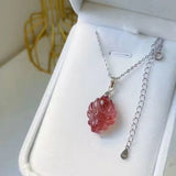 Strawberry Crystal Fox Pendant Necklace Jade Carved Charm Jewelry