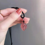 Strawberry Crystal Fox Pendant Necklace Jade Carved Charm Jewelry