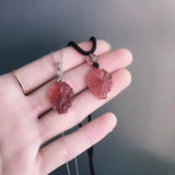 Strawberry Crystal Fox Pendant Necklace Jade Carved Charm Jewelry