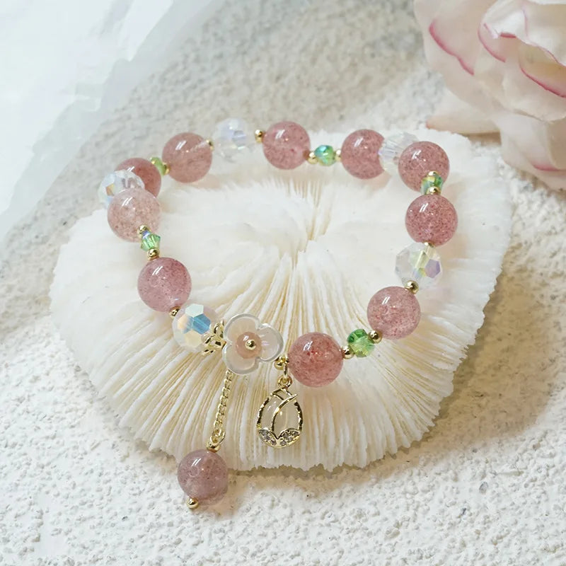 Strawberry Crystal Tulip Pendant Natural Stone Bracelet