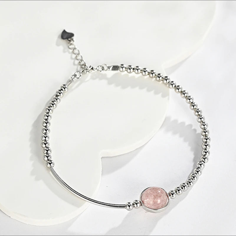 Strawberry Quartz Beaded Bracelet 925 Silver Kpop Style Hand Accessory Gift