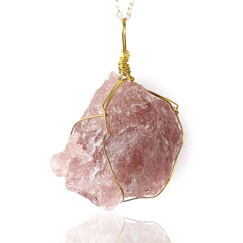 Strawberry Quartz Charm Necklace Copper Wire Pendant Women Geometric Choker