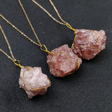 Strawberry Quartz Charm Necklace Copper Wire Pendant Women Geometric Choker