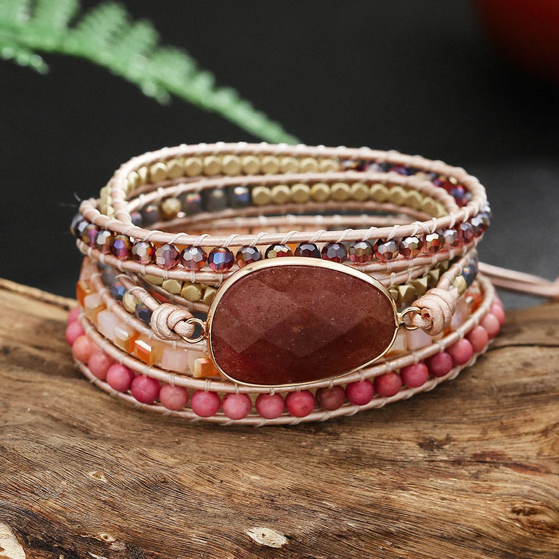 Strawberry Quartz Crystal Stone Wrap Bracelet for Women