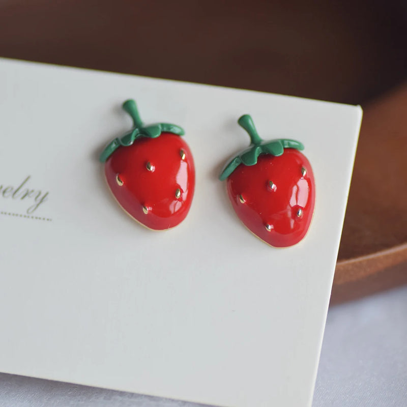 Strawberry Stud Earrings Enamel 925 Silver Jewelry for Girls Women