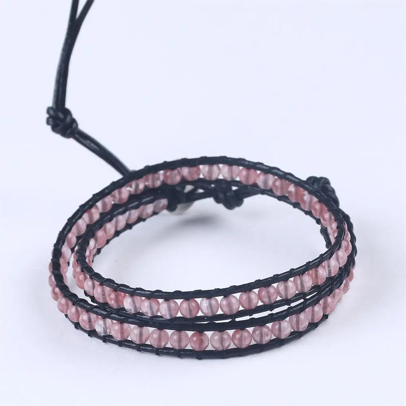 Strawberry Crystal Pink Beads Leather Cord Bracelet