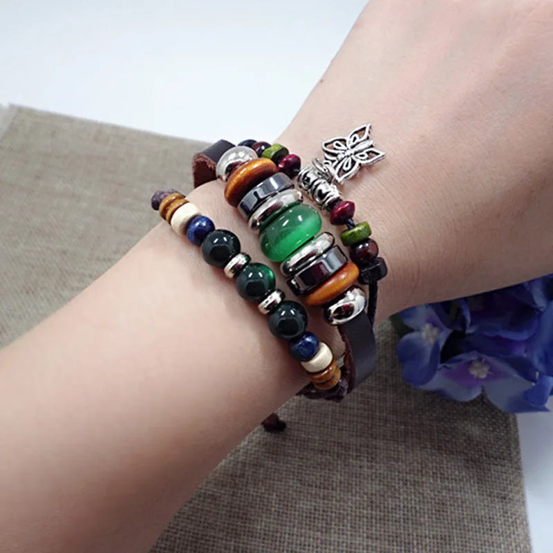 Braided Wrap Leather Bracelet Vintage Life Glass Beads Ethnic Tribal Wristbands