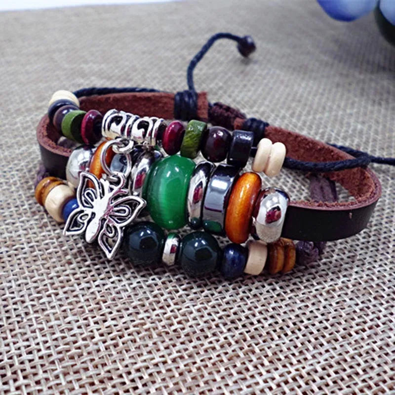 Braided Wrap Leather Bracelet Vintage Life Glass Beads Ethnic Tribal Wristbands