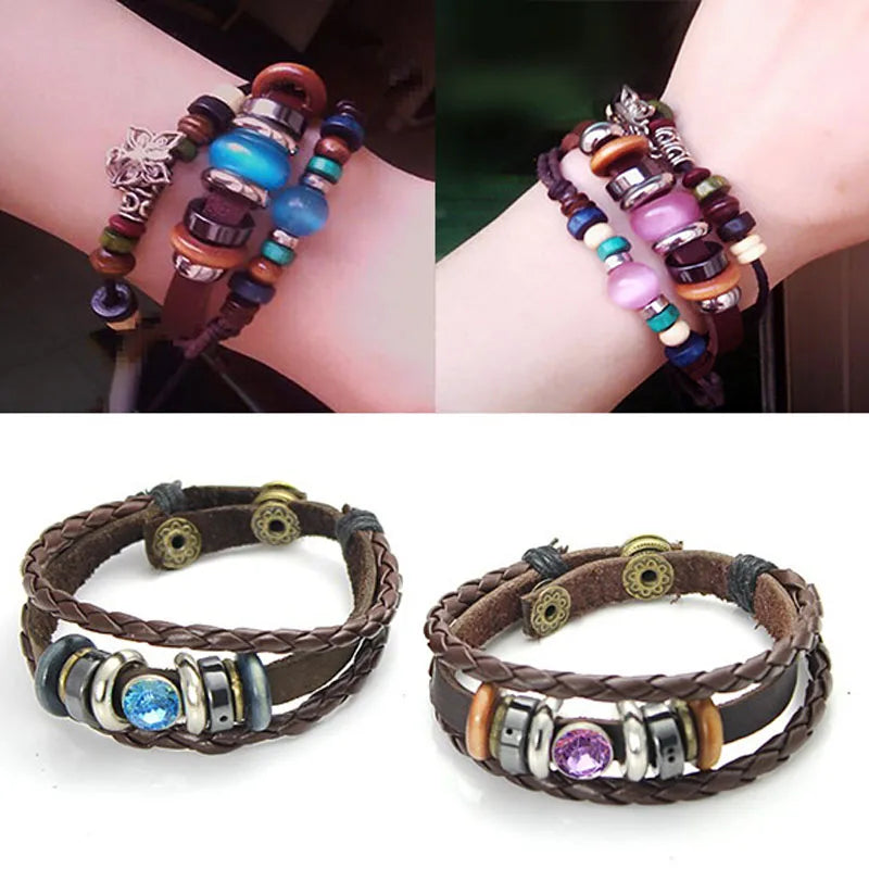 Braided Wrap Leather Bracelet Vintage Life Glass Beads Ethnic Tribal Wristbands