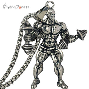 Strong Man Dumbbell Fitness Pendant Necklace Men Jewelry