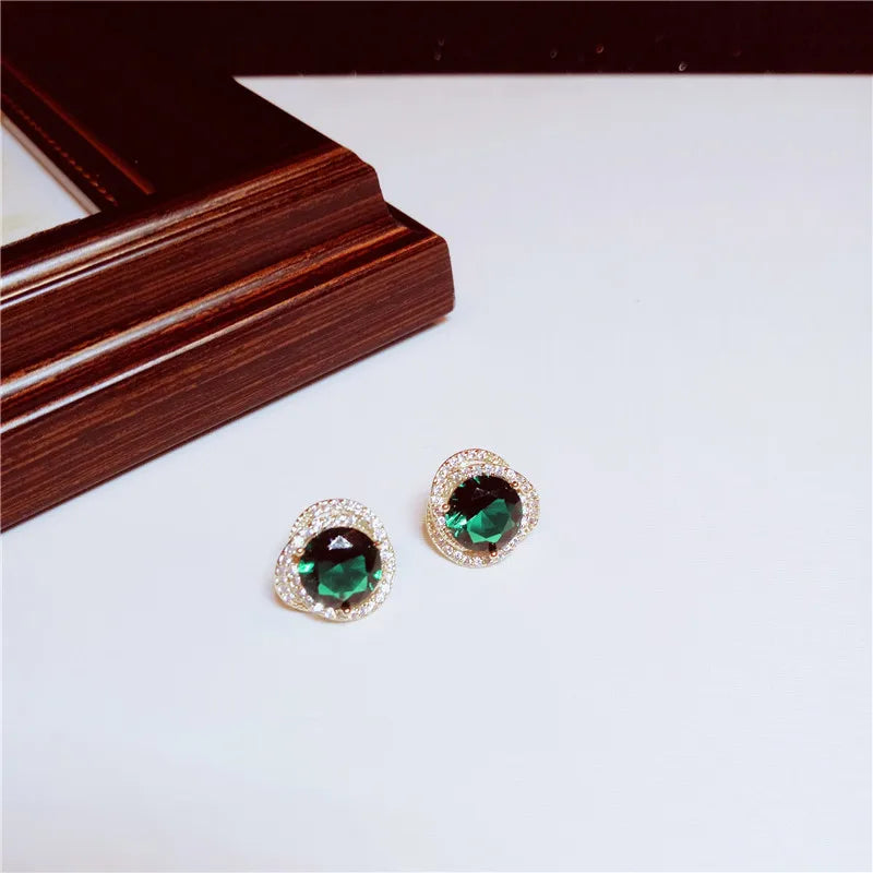 Emerald Gemstone Stud Earrings Vintage S925 Fine Jewelry