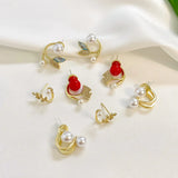 Pearl Stud Earrings 14K Plating Copper Zirconia Butterfly Party
