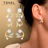 Pearl Stud Earrings 14K Plating Copper Zirconia Butterfly Party