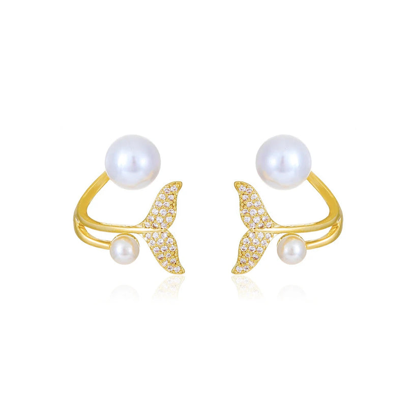 Pearl Stud Earrings 14K Plating Copper Zirconia Butterfly Party